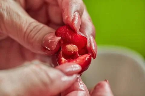 Chef prepares the cherries to make pie. Step by step recipe Stock Photos