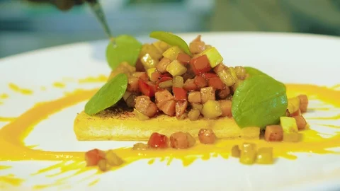 Chef prepares, decorates the dish on a plate,fried tofu, vegetarian food Stock Footage 113109266