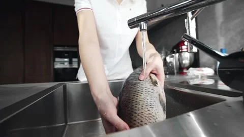 Chef prepares fish for cooking Stock Footage 143779049