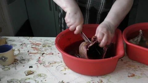 The chef prepares the goose for the festive table for Christmas Stock Footage 136642109