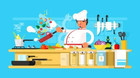 Chef prepares in kitchen Stock Illustration