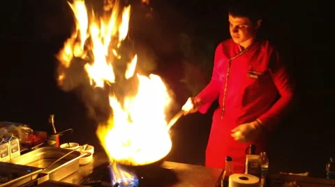 The Chef Prepares The Night On Fire Stock Footage 42142724