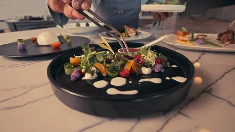 Chef Prepares Salad For Dinner Vacation Travel Mexico Lamb Wine Steak Seafood Stock Footage 280703816