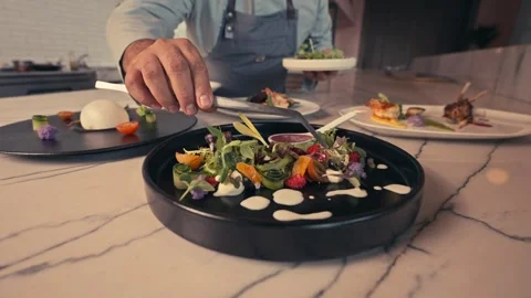 Chef Prepares Salad For Dinner Vacation Travel Mexico Lamb Wine Steak Seafood Video stock 280703827