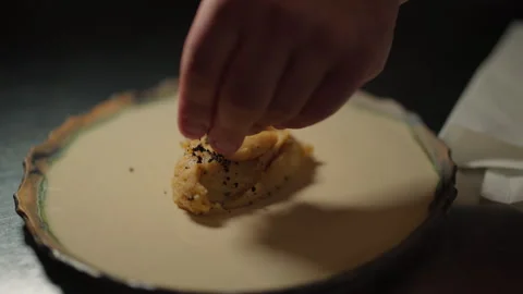 Chef Prepares Side Dish For Dish. On Plate Puree Which He Decorates. Stock Footage 275572018