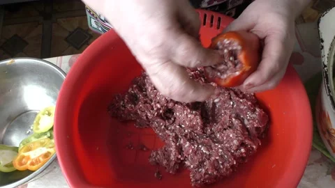 The chef prepares stuffed peppers with meat Stock Footage 163049335