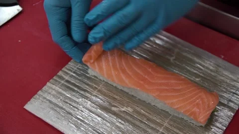 Chef prepares sushi with fish Stock Footage 142664835