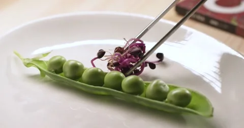 Chef preparing and serving a salad with tweezers. Video stock 154849461