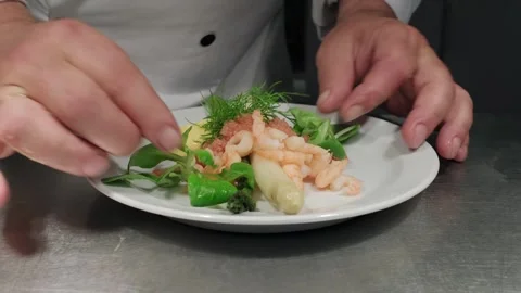 Chef Preparing Asparagus with Shrimp Stock Footage 245970304