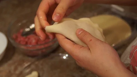 Chef preparing cheburek. Cooking process. Cooking pasties. Minced meat Stock Footage 98244354