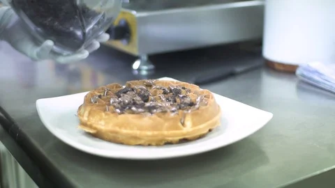 Chef preparing chocolate cookie waffle Stock Footage 98239919
