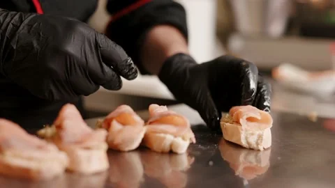 Chef preparing classic Italian or mediterranean bruschetta Stock Footage 202204196