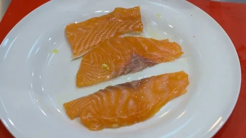 Chef preparing a delicious plate of salmon and vegetables Stock-Footage 82608925