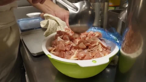 Chef Preparing Diced Chicken Meat in Commercial Kitchen Stock-Footage 347687856