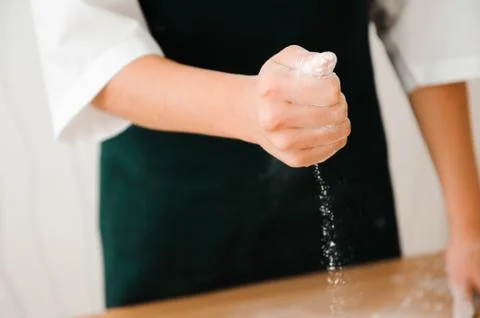 Chef preparing dough - cooking process, work with flour Stock Photos