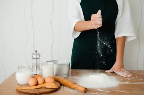 Chef preparing dough - cooking process, work with flour Stock Photos