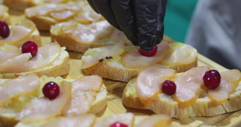 Chef preparing elegant hors d'oeuvres with cranberries and meat Stock Footage 302356777
