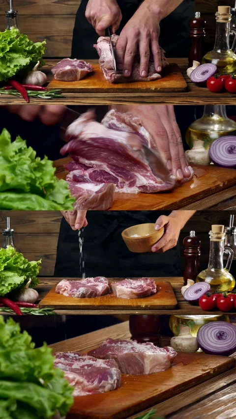 Chef preparing food from meat in the kitchen. Cutting meat with a knife and Stock Footage 304237104