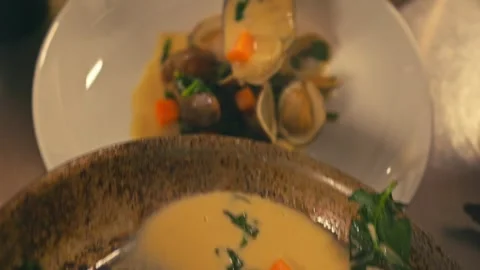 Chef Preparing Fresh Clams Seafood On a Kitchen Grill Over Open Fire Stock Footage 280494574