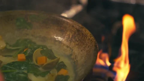 Chef Preparing Fresh Clams Seafood On a Kitchen Grill Over Open Fire Stock Footage 280494578