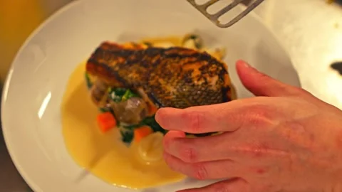 Chef Preparing Fresh Fish Seafood On a Kitchen Grill Over Open Fire Stock Footage 280494716