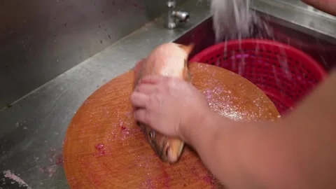 Chef Preparing Fresh Red Snapper Fish on Round Wooden Cutting Board Stock-Footage 344231360