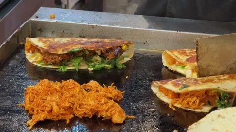 Chef Preparing Fresh Tacos on Hot Griddle at Street Food Stall Stock Footage 343398263