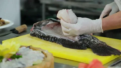 Chef Preparing  Grouper Sashimi Stock Footage 174001714