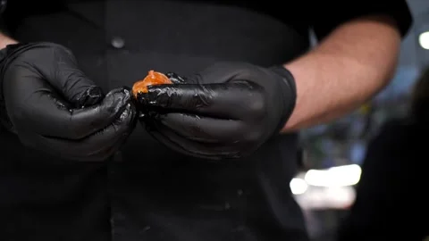 Chef preparing healthy salmon menu. Salmon pieces Stock Footage 283003546