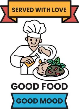 A chef is preparing a meal and the sign says "Good Food Good Mood" Stock Illustration