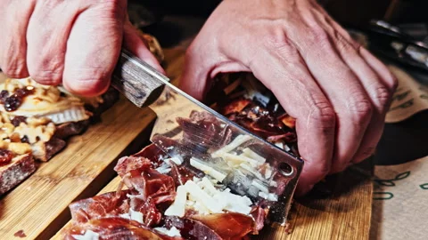 Chef Preparing Meat and Cheese Bruschetta Stock Footage 279503176