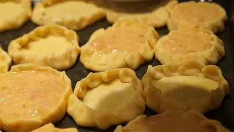 Chef preparing pies. Cooking process. Cooking pasties. Minced meat. Baking Stock Footage 99345746