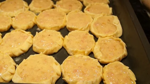 Chef preparing pies. Cooking process. Cooking pasties. Minced meat. Baking Stock Footage 99346650