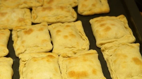 Chef preparing pies. Cooking process. Traditional food. Minced meat. Baking Stock Footage 99740988