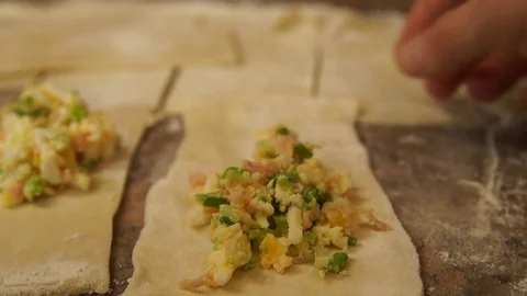 Chef preparing pies. Cooking process. Traditional food. Minced meat. Baking Stock Footage 99879607