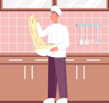 Chef preparing pizza dough rolling with hands. Flat vector color cartoon icon Stock-Illustration