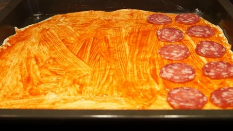 Chef preparing pizza. Making pizza. Cooking process. Cooking pizza. Sausage Stock Footage 98125095