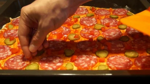 Chef preparing pizza. Making pizza. Cooking process. Cooking pizza. Tomatoes Stock Footage 98125335