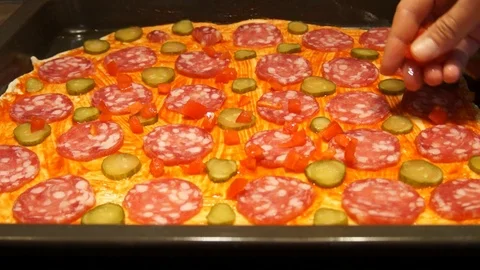 Chef preparing pizza. Making pizza. Cooking process. Cooking pizza. Tomatoes Stock Footage 98240364