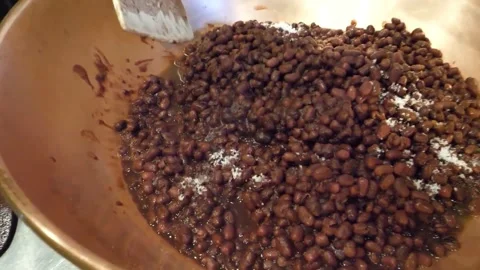 Chef Preparing Red Beans in Large Copper Mixing Bowl Close Up 스톡 동영상 345291441