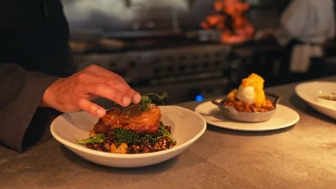 Chef Preparing Steak Chicken And Cooked Beet Salad At a Resort Travel Stock Footage 280514642
