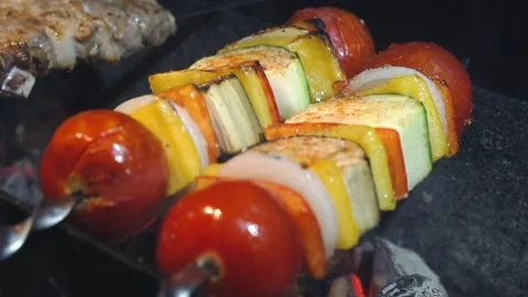 The chef is preparing a vegetable kebab. Stock Footage 132311044