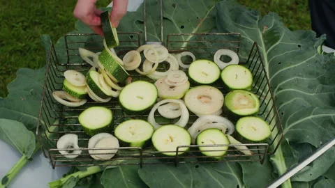 Chef preparing zucchini and onion slices for grilling on barbecue basket Stock Footage 301273611