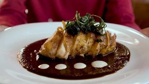 Chef presenting a meal of chicken mole with sauteed parsley toward the camera Stock Footage 123471039