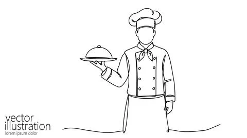 Chef presents dish one line drawing. Single continuous line cook serving food 스톡 일러스트