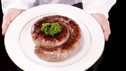 Chef Presents Ring Sausage Plate Stock Footage 248748200
