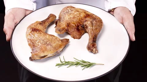 Chef Presents Roast Chicken Plate Stock Footage 248748591