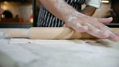 Chef in Professional Kitchen Prepares Pastry with Flour to make Bread or Pasta Stock Footage 142787951