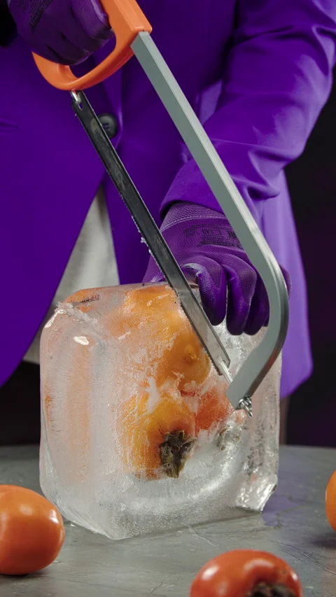 Chef in a purple jacket uses a hacksaw to saw frozen persimmons in an ice cube Stock Footage 302881976
