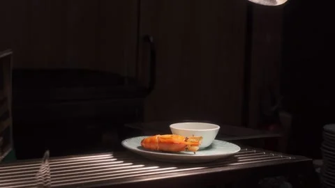 Chef put  grilled shrimp on white plate use smartphone photography Stock Footage 199621522